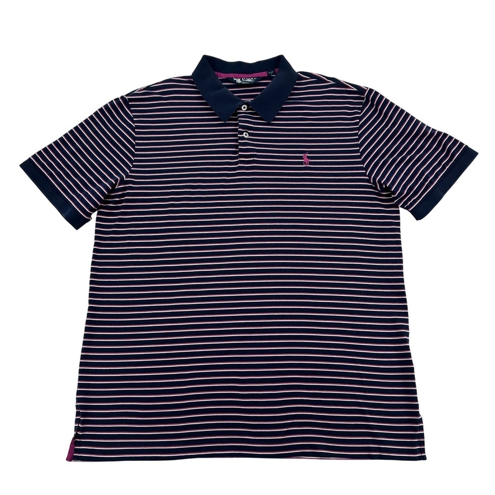 Ralph Lauren Men L Golf Polo Shirt Navy Pink White Stripe Pro Fit Short Sleeve